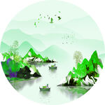 湖泊山脉水彩风景画圆形挂画