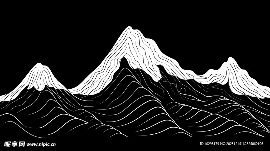 矢量山与山川纯黑白线条纹样插画