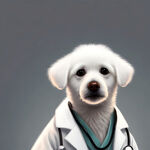 一只可爱的白色狗狗穿着医生的白大褂