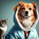 一直可爱的狗狗和一只可爱的猫咪在一起穿着医生的衣服正面照片