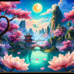 游戏梦幻唯美新中式风景，超高清，细节刻画，沐浴在花瓣里满天花瓣，飘渺电影般环境，明亮清晰的可爱大蛇