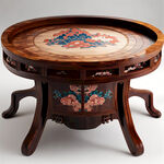 新中式实木办公桌，圆形桌腿，带祥云纹雕花