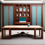 新中式实木办公桌，长方形，圆形桌腿，两个抽屉，两个柜门