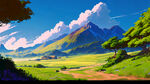 歐洲莊園，藍天白雲，綠色遠山小，綠色大平原