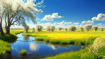 河流，平原草地，植物丰茂的春天，自然风光，阳光明亮，天空晴朗，细节丰富