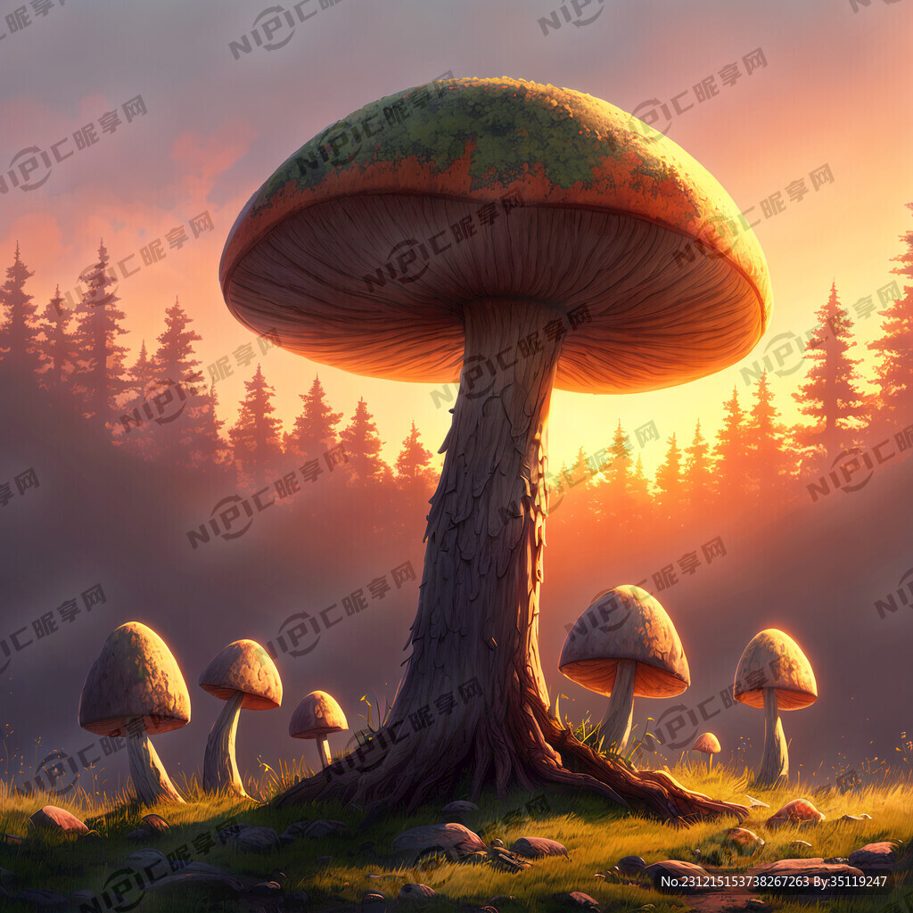 大蘑菇 有树 落日 插画 3D