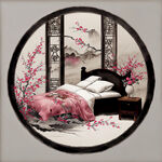 中国风绣花床品图案   有福袋  花生  石榴，小花朵 喜字  小祥云  线条画