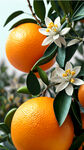 很多很有光泽的橙子，看上去很有食欲，带着枝杈，开了很多橙子花，有一些叶子，橙色底色，很有质感