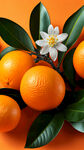 5个很有光泽的橙子，橙子花，在橙色背景色上，看上去很有食欲，带着枝杈，开了很多很多橙子花，有一些叶子，很有质感