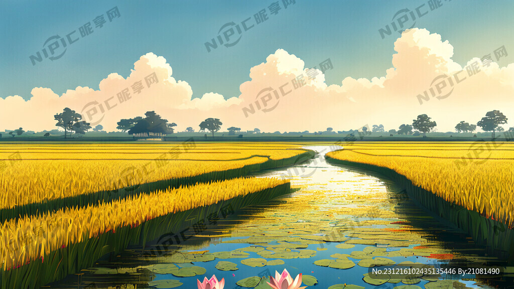 河流穿过金灿灿的稻田风光 远景