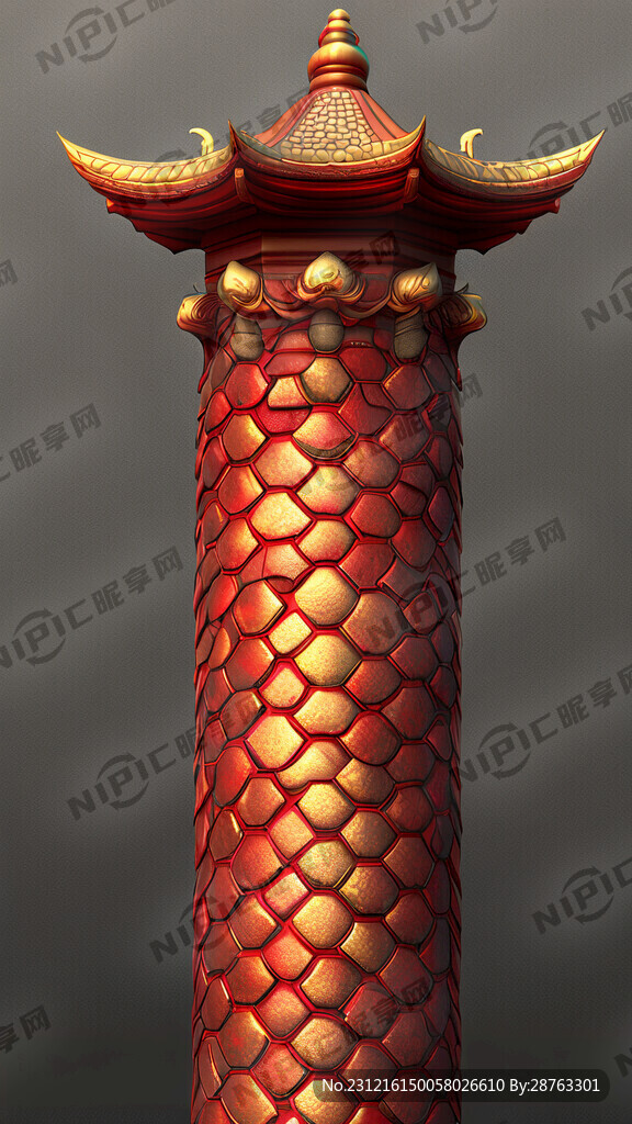 龙 立柱 红色龙鳞 金色龙鳞