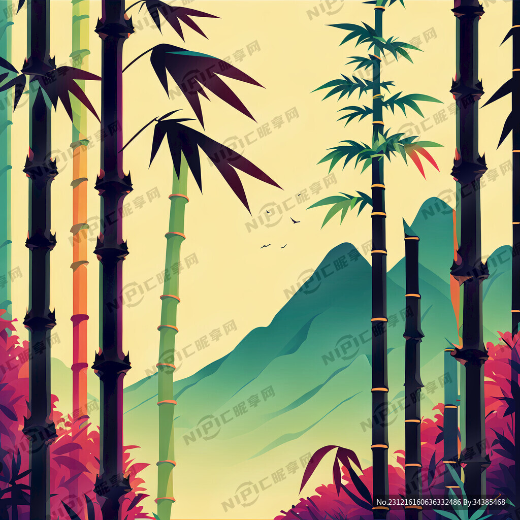 山水竹林矢量风景 彩色艳丽