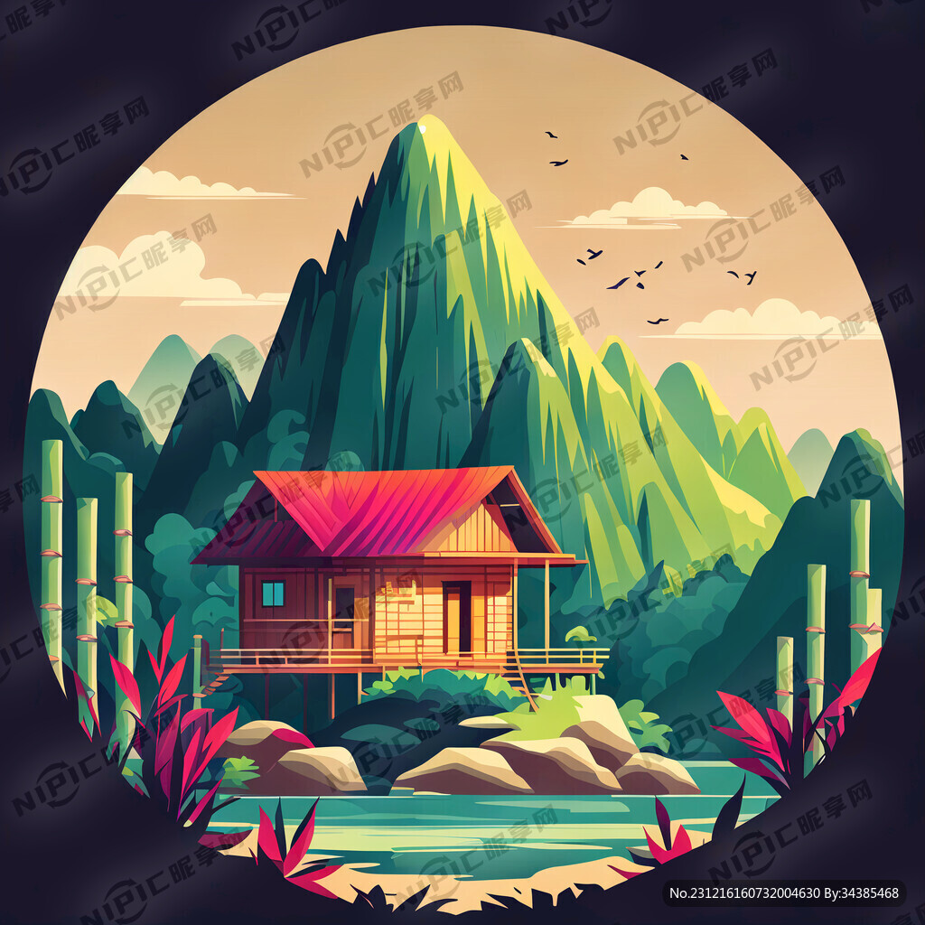 山水竹林房屋矢量风景 彩色艳丽
