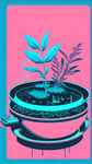 火锅 赛博朋克 粉色底色 蓝色图案 植物 动物 高级感
