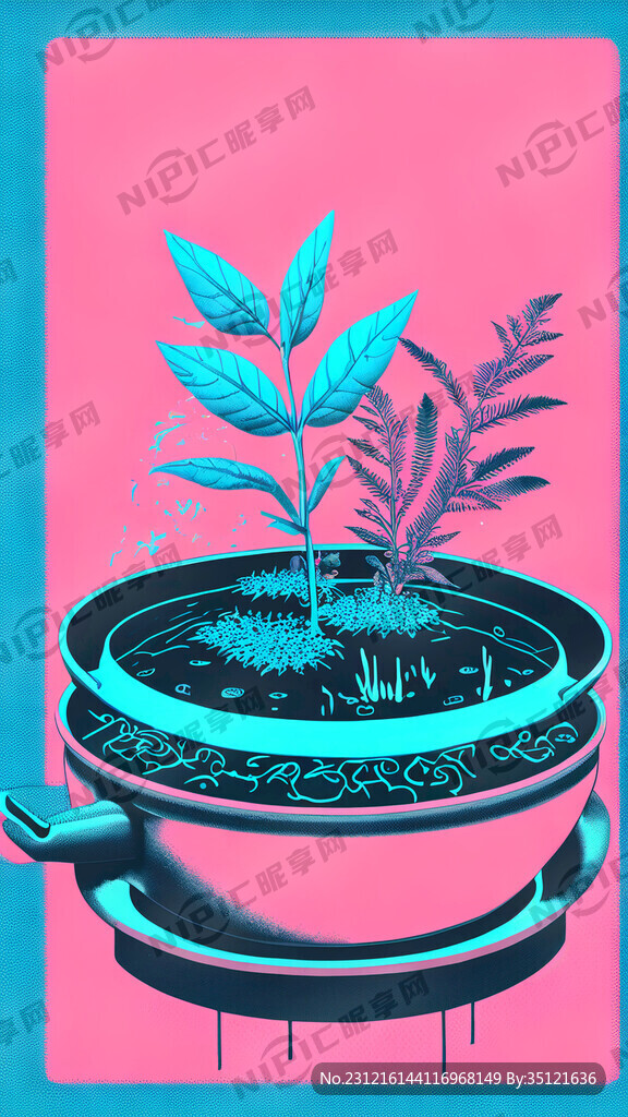 火锅 赛博朋克 粉色底色 植物
