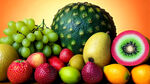 葡萄，苹果，香蕉，桔子，梨，木瓜，草莓，山竹，火龙果，猕猴桃，木瓜，菠萝，西瓜，随意堆叠