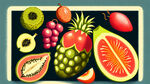 葡萄，苹果，香蕉，桔子，梨，木瓜，草莓，山竹，火龙果，猕猴桃，木瓜，菠萝，西瓜，切开的，平铺，手绘风格