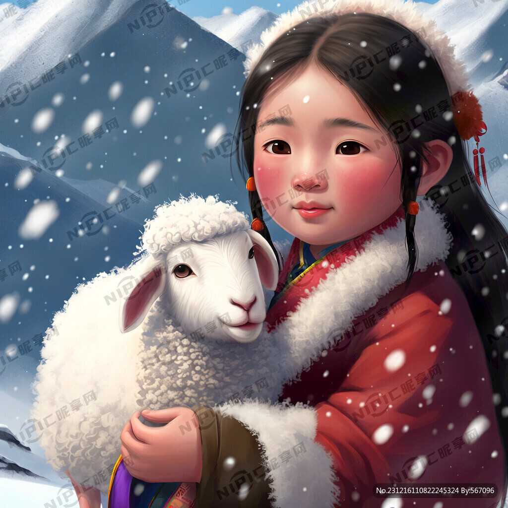雪上下 一个藏族女孩怀抱小绵羊
