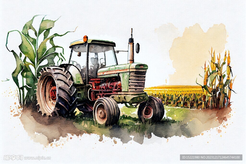 农业拖拉机水彩插画