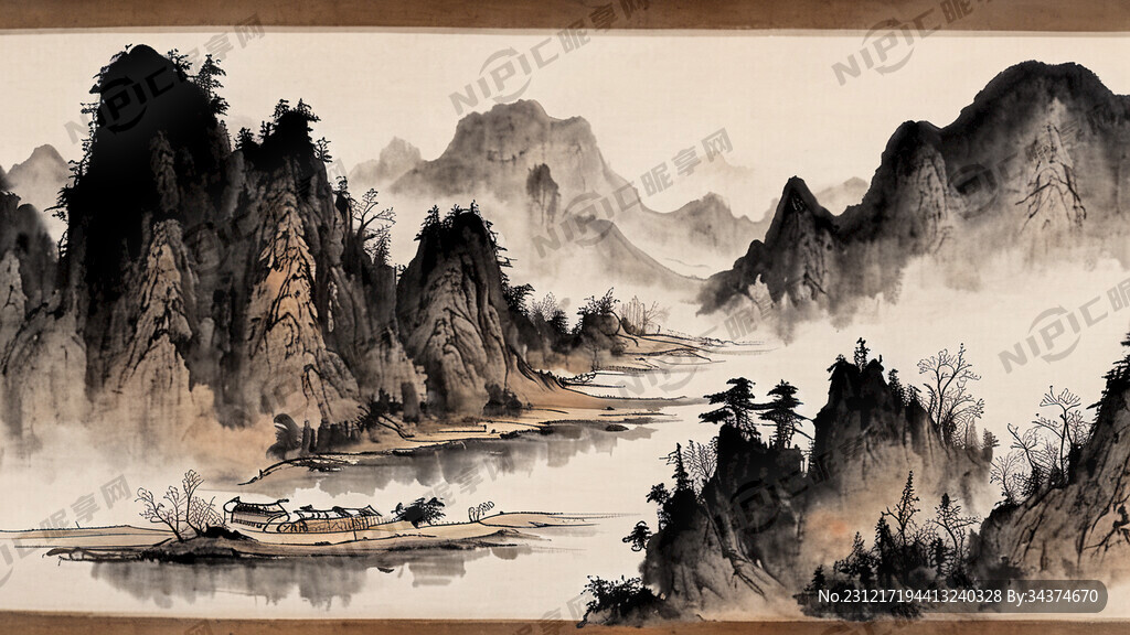 古代中国山水画 山水画长卷 马