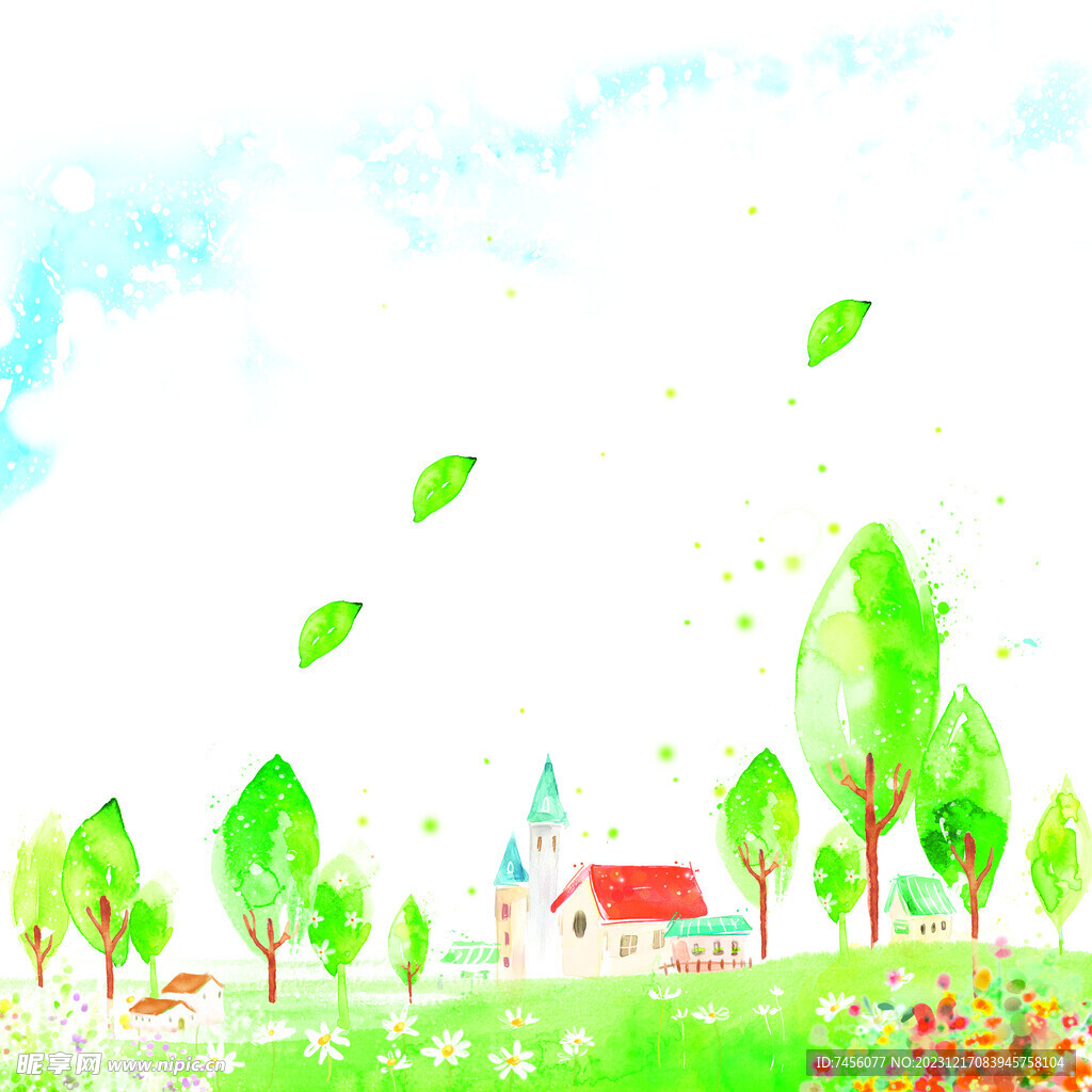 草地水彩树房子挂画装饰画