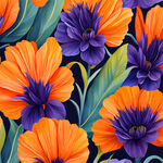 非常多的花卉平铺，南非国花，南非帝王花，橙色背景，小清新风格，水粉插画，画面中间是花瓶造型