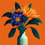 南非国花，南非帝王花，花卉平铺，橙色背景，小清新风格，水粉插画，画面中间是花瓶造型