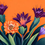 南非国花，南非帝王花，花卉平铺，橙色背景，小清新风格，水粉插画，最高画质杰作，层次感