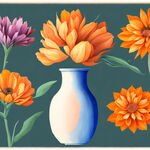 各种颜色的南非帝王花平铺于画面中，水粉插画，小清新风格，橙色背景，中间空出花瓶结构