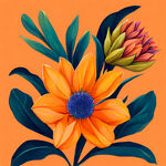 各种颜色的南非帝王花平铺于画面中，水粉插画，小清新风格，橙色背景，灵感艺术，最高画质杰作，层次感