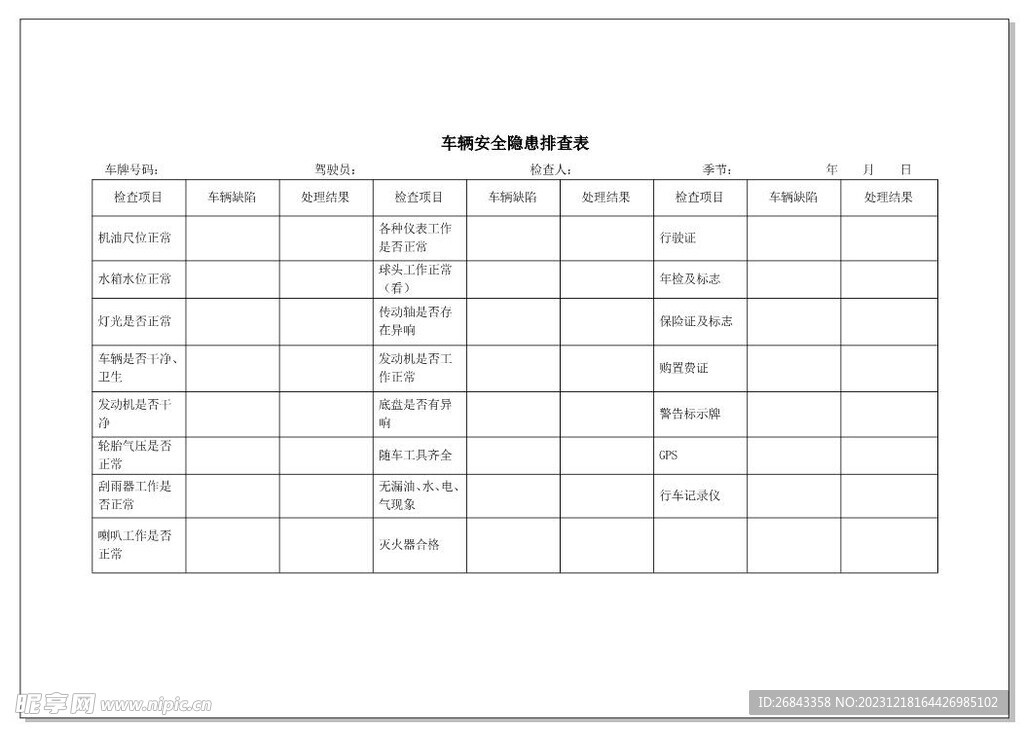 车辆季节性安全隐患排查登记表