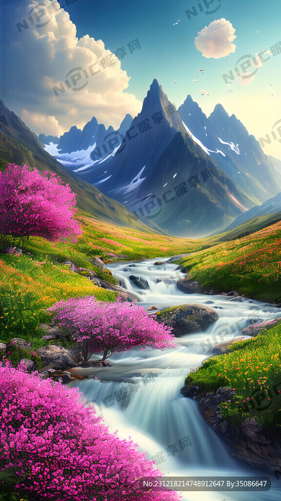 高山流水 鲜花绿树 梦幻唯美