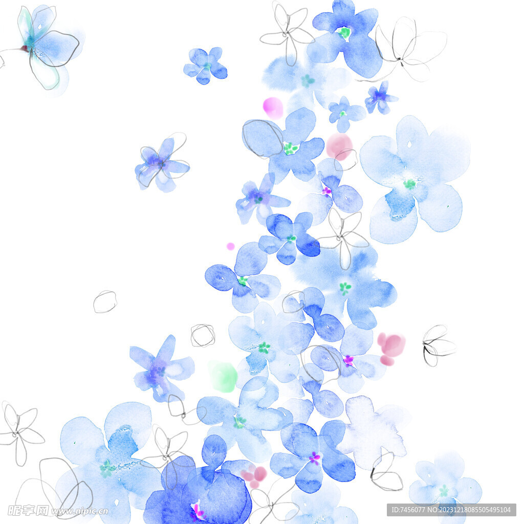 水墨水彩蓝色花瓣花朵挂画