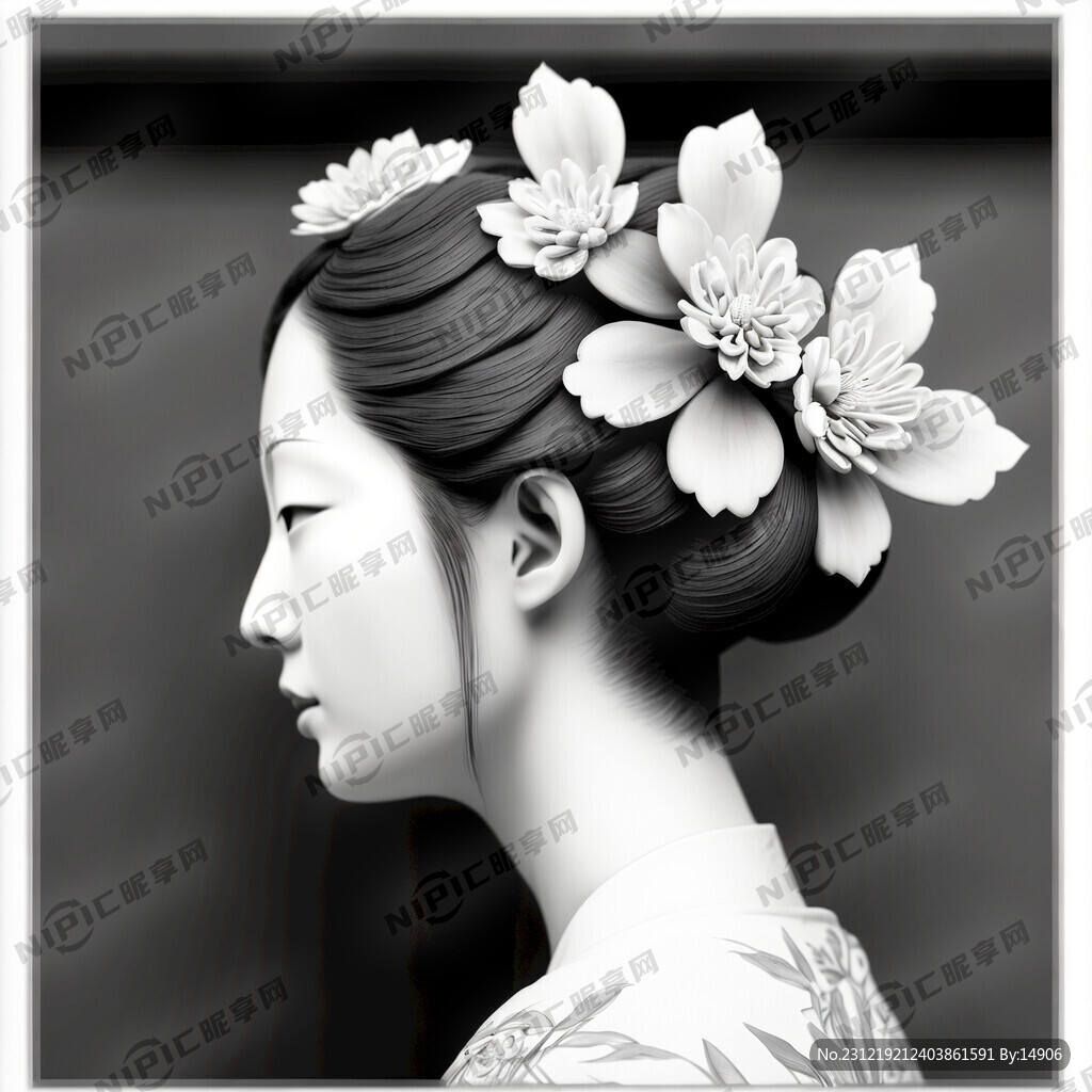 帮我画一个浔浦女簪花背影单色的