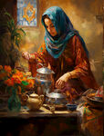 煮茶的阿拉伯女孩油画