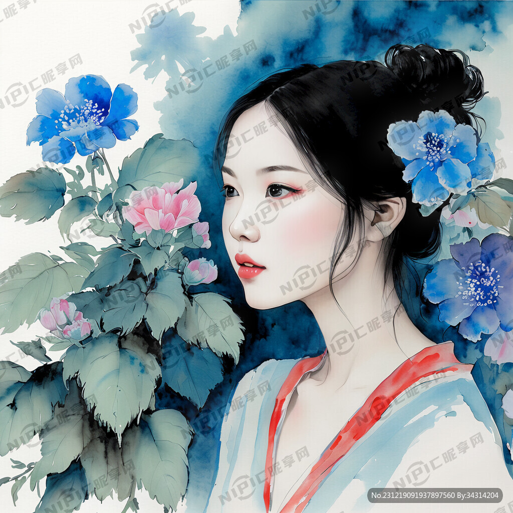 一个漂亮的女孩 水彩画 花园里