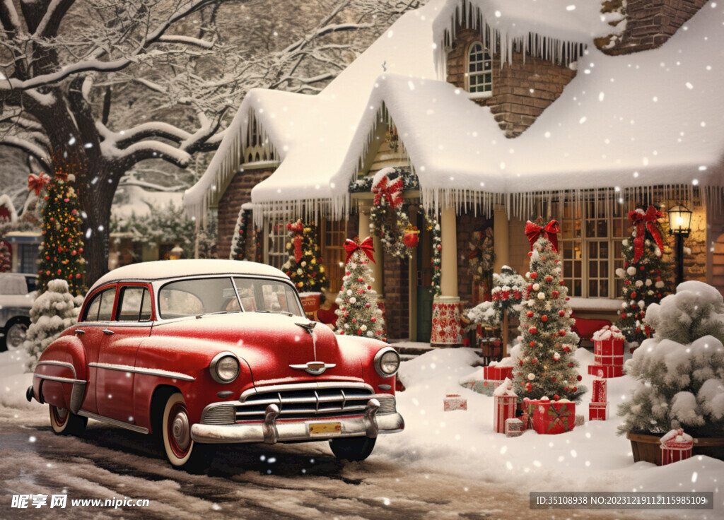 圣诞雪屋前的老爷车