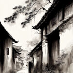 老街，中国风，中国画，山水，水墨风格，写意，意境，高雅，高清。