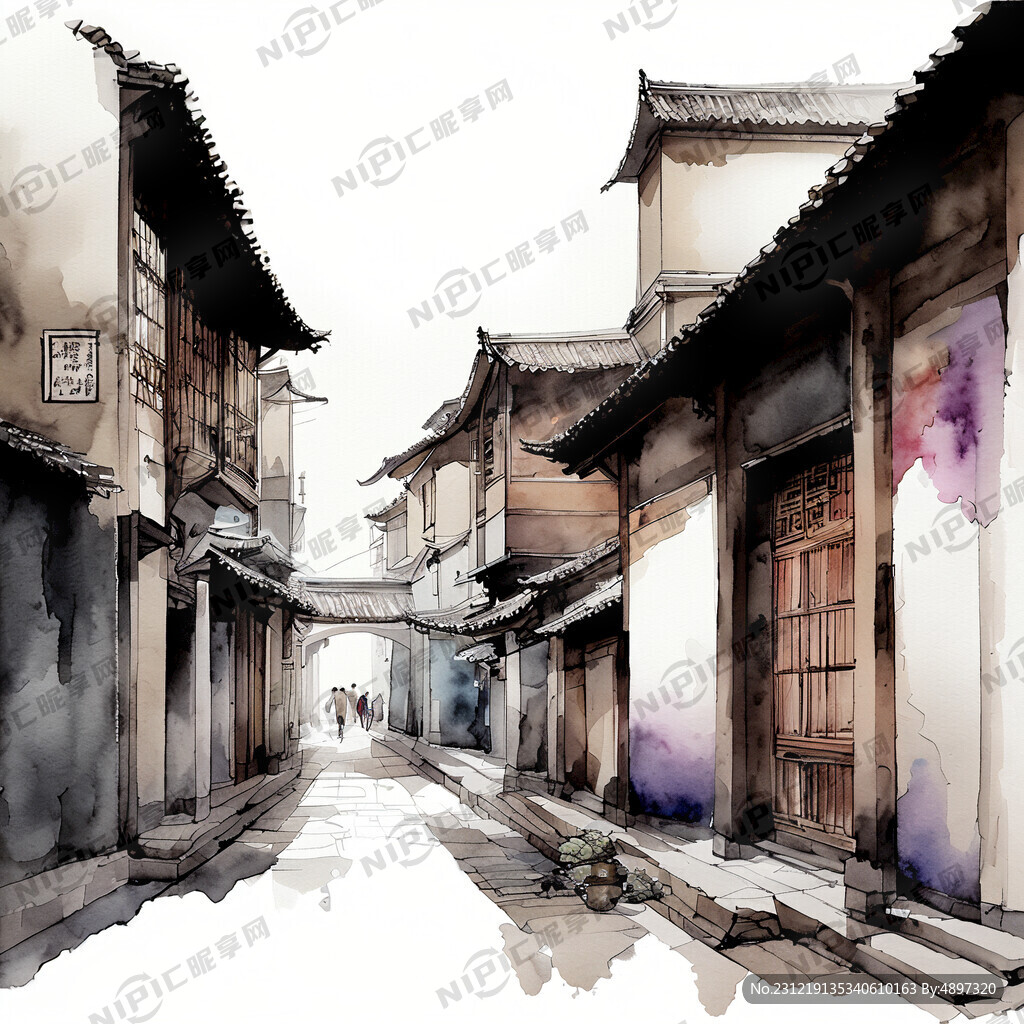 老街  中国画 水墨风 炫彩 