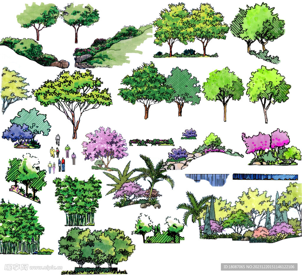 手绘彩色立面树灌木丛分层素材图图片素材-编号25370717-图行天下