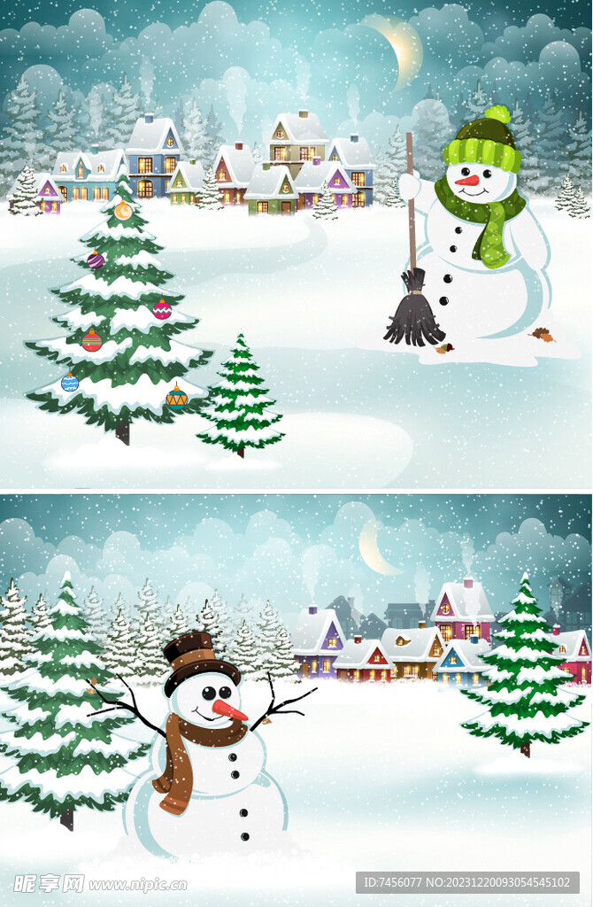 圣诞雪人风景画矢量展板背景素材