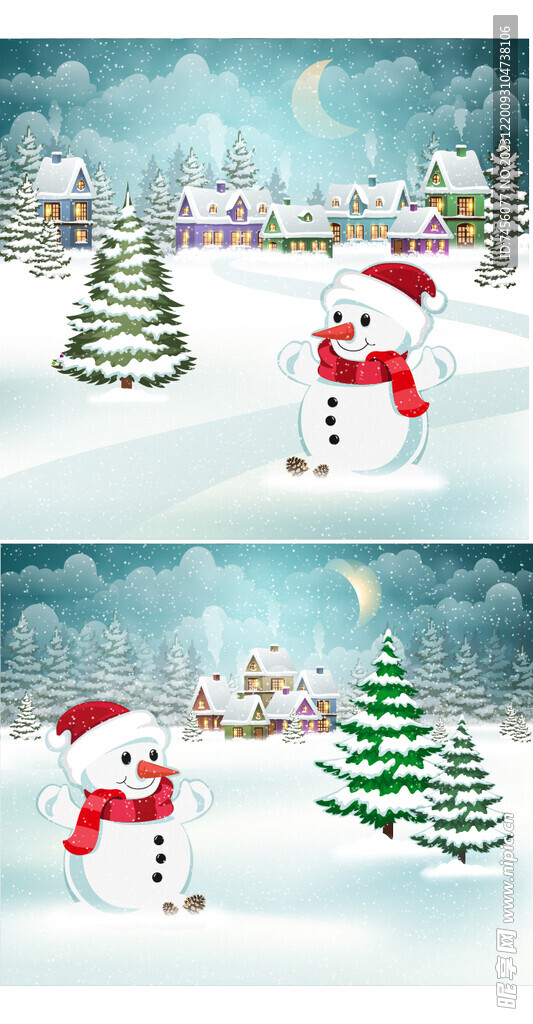 圣诞雪人圣诞树风景画展板素材