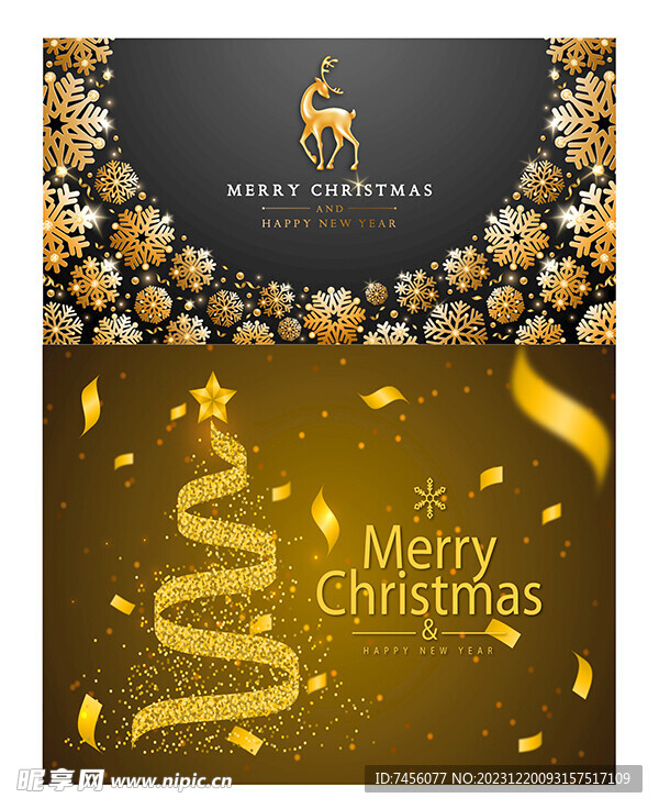 圣诞麋鹿圣诞树金色唯美展板模版