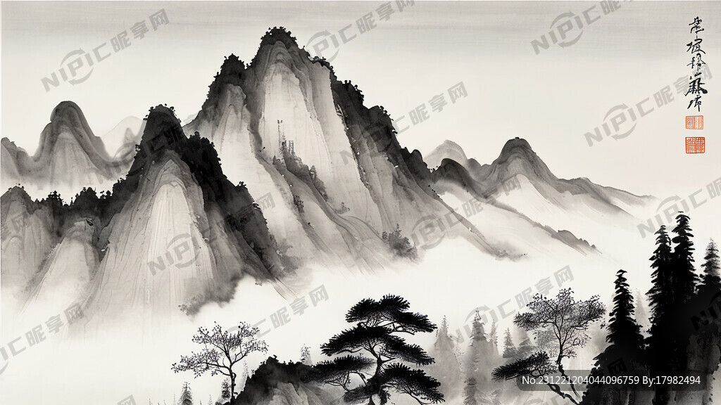 中国白描山水画 线稿 留白