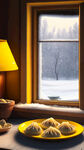 冬至 屋内场景 屋内温暖 黄色灯光 桌上摆着一盘饺子一碗汤圆 有窗户 窗外下雪