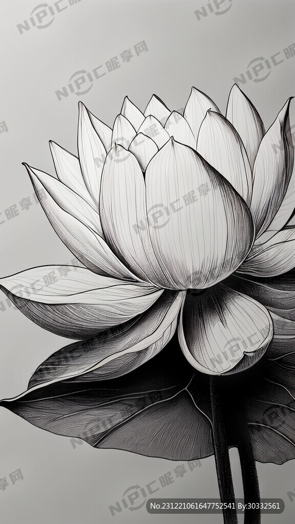 一支荷花 完整 线描 写实