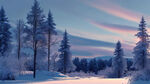 雪地天边一线间美丽的晚霞，雪地面积大一点白一点，树少一点矮一点，近景不要树