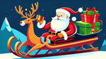骑着雪橇的圣诞老人，圣诞节美陈，背着袜子和礼物，驯鹿戴着铃铛拉着雪橇，矢量平面插图，动态构图，色彩鲜艳