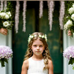 非常漂亮的10岁左右美国小女孩在婚礼上当花童，手里拿着花。穿着公主裙。室外露天婚礼。她的后面是结婚的夫妻