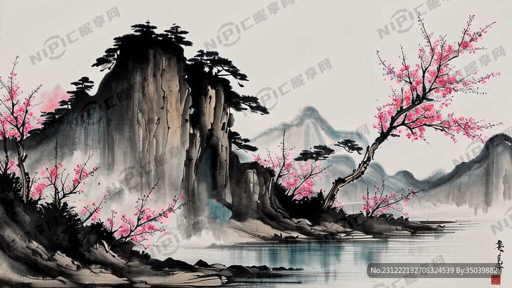 迎客松 山水 鱼 水 鹿 桃花